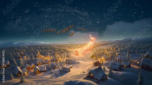 Festive Celebration - Santa s Christmas Journey on A Flying Reindeer Sledge above a Fantasy Snow Covered Village.