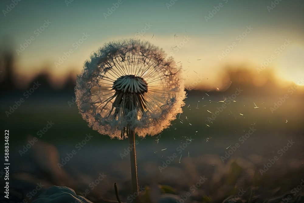Naklejka premium Dandelion blow away at golden hour on spring (Ai generated)