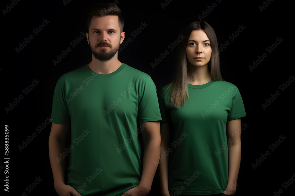 Generative AI. Blank Green T-Shirt Mockup on Male and Female Model: Showcase Your Designs in Style Generative AI. Blank Green T-Shirt Mockup on Male and Female Model: Showcase Your Designs in Style
