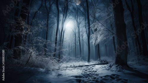  a path in a snowy forest with a full moon in the sky above it and a trail in the middle of the woods with snow on the ground.  generative ai