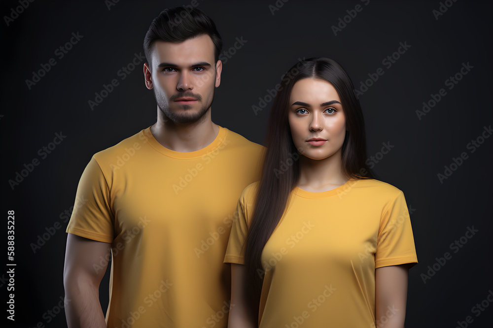Generative AI. Blank Yellow T-Shirt Mockup on Male and Female Model: Showcase Your Designs in Style Generative AI. Blank Yellow T-Shirt Mockup on Male and Female Model: Showcase Your Designs in Style