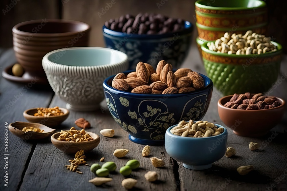 Nuts for Every Occasion: Dishes on Wooden Table (Ai generated) Nuts for Every Occasion: Dishes on Wooden Table (Ai generated)