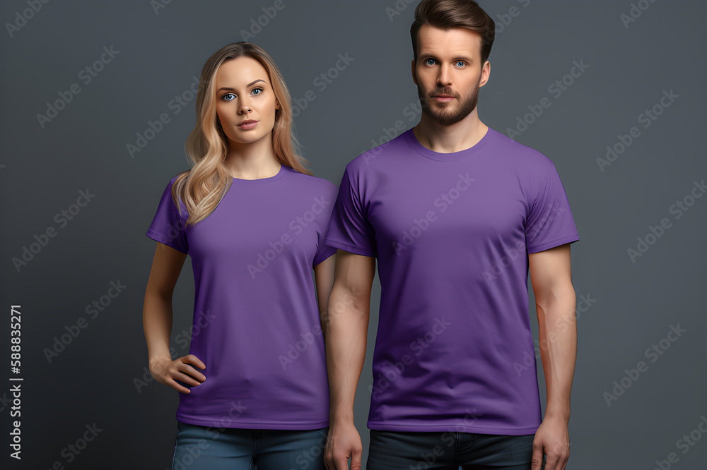 Generative AI. Blank Purple T-Shirt Mockup on Male and Female Model: Showcase Your Designs in Style Generative AI. Blank Purple T-Shirt Mockup on Male and Female Model: Showcase Your Designs in Style