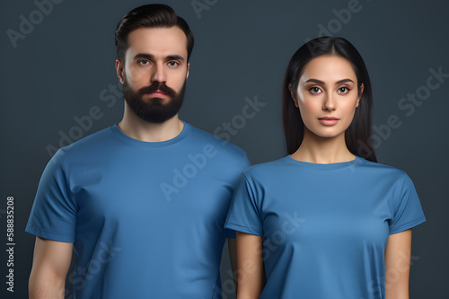 Generative AI. Blank Blue T-Shirt Mockup on Male and Female Model: Showcase Your Designs in Style