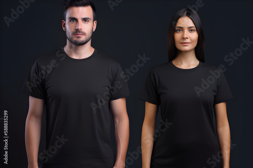 Generative AI. Blank Black T-Shirt Mockup on Male and Female Model: Showcase Your Designs in Style