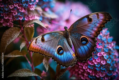 Butterfly Morpho at spring tree, pink-violet color (Ai generated)