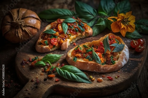 Bruschetta with half dried tomatoes and basil  Ai generated 