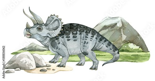 Watercolor dinosaur illustration with prehistoric landscape. Hand drawn Triceratops with mountains and grass. Detailed dino clipart for kids products. Children Encyclopedia of ancient animals. PNG © AnasteZia
