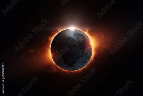 Eclipse, bright light glowing ring around globe, dark sky background. Generative AI