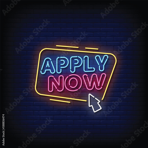 Neon Sign apply now with brick wall background vector