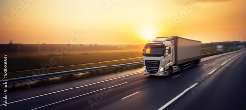 cargo truck on the road at sunset. banner with copy space. generative AI