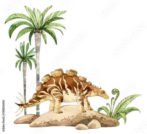 Watercolor dinosaur illustration with prehistoric landscape. Hand drawn Wuerhosaurus on the rocks with palm trees. Detailed dino clipart for kids products. Children Encyclopedia of ancient animals