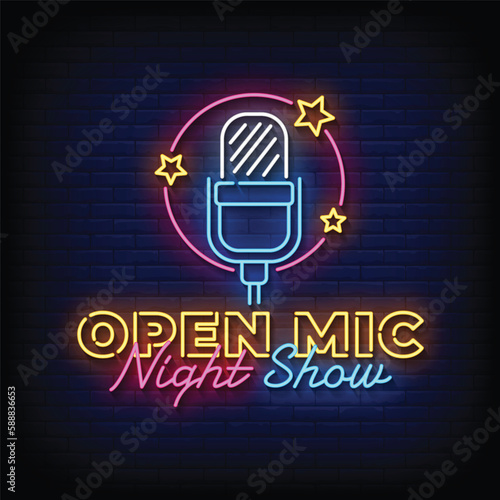 Neon Sign open mic night show with brick wall background vector
