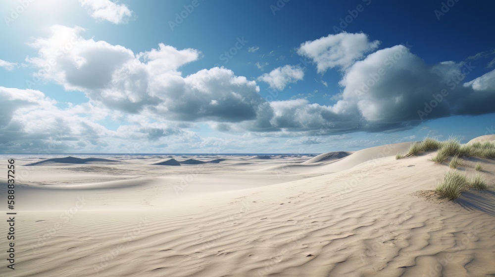 A painting of a path leading to the ocean on a sandy beach under a blue sky with white clouds and blue sky with wispy clouds. Generative ai A painting of a path leading to the ocean on a sandy beach under a blue sky with white clouds and blue sky with wispy clouds. Generative ai