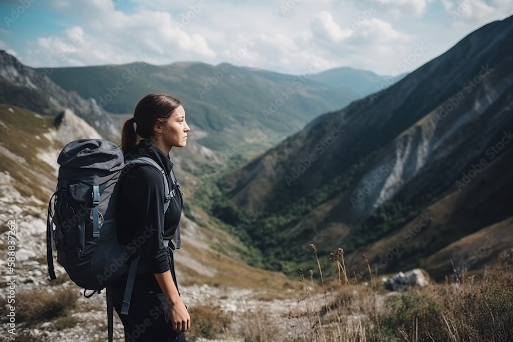 Mulher caminhando nas montanhas. Turista com mochila caminha na trilha de trekking. aventura na natureza