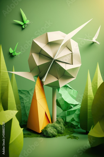 Powering the Future: Illustrations of Green Energy Solutions, paper art and craft style concept. Created using generative AI.