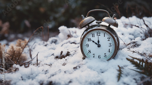 Horloge dans la neige généré par IA photo