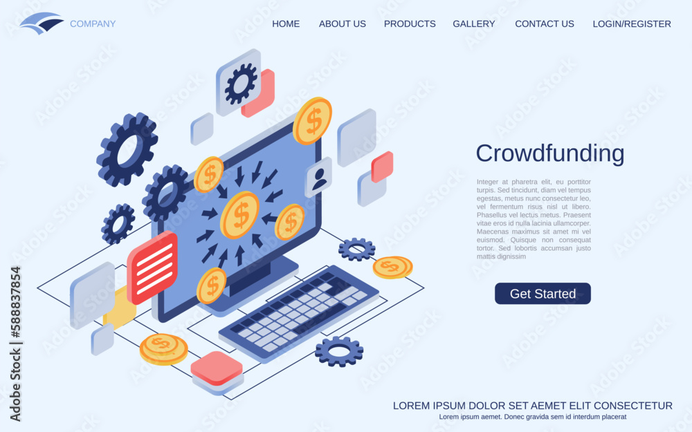 Crowdfunding modern 3d isometric vector concept illustration. Landing page design template