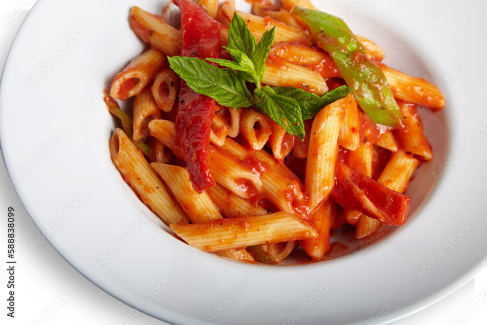 Penne Arrabbiata Pasta With Tomato Sauce on White Plate Isolated White Background Close Up Penne Arrabbiata Pasta With Tomato Sauce on White Plate Isolated White Background Close Up