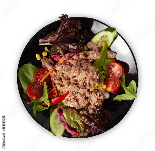 Tuna Salad on Black Plate Isolated White Background Aerial View PNG File