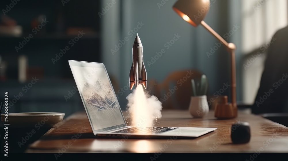 Rocket taking off from laptop screen on top of office desk, startup ...