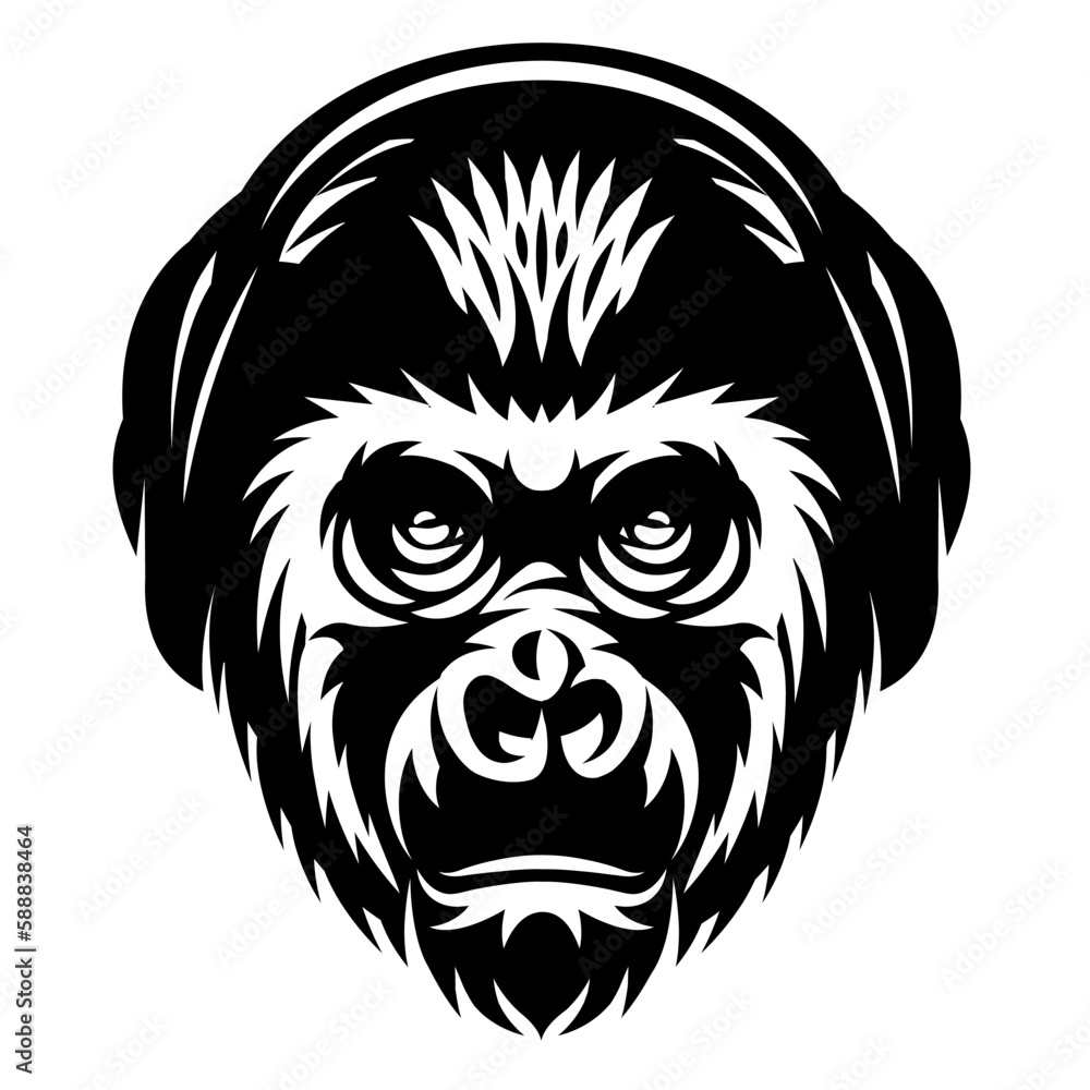 Sad monkey in headphones. Vector monochrome illustration. Template for design