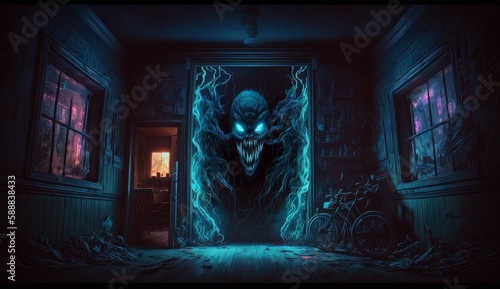 Scary dark horror neon surrealism wallpaper. Generative ai