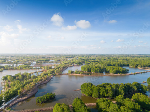 Aerial view of mangrove forest and shrimp farming in Tra Vinh province, Vietnam