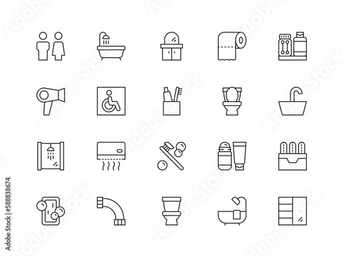 Bathroom icons. Editable Stroke. Shower, bath, toilet, bidet, mirror, water tap.