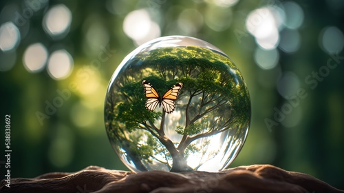 Beatiful nature scene with trees and butterflys inside of a glass sphere, glass ball, Nature in glass, standing on ground, Generative AI