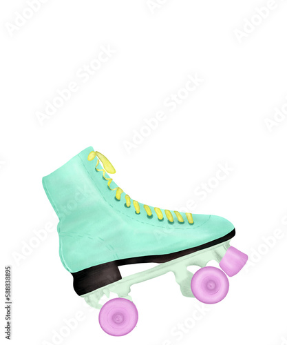 Roller skates illustration in 90s style Colorful sport Png clipart for card creating, invitations, scrapbook, web design, templates, social media. Vintage, old school, retro roller skate photo