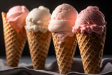 Various of ice cream flavor in cones on a studio background . Summer and Sweet menu concept. Generative Ai