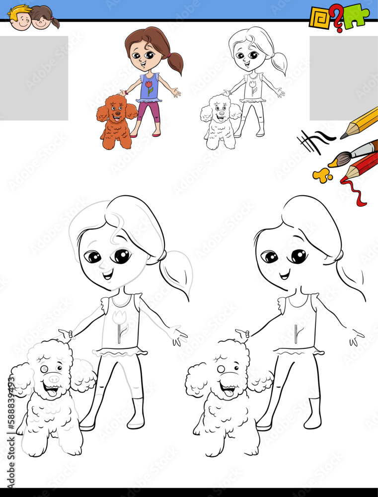 drawing and coloring task with girl and her poodle dog