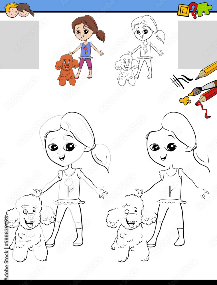 drawing and coloring task with girl and her poodle dog drawing and coloring task with girl and her poodle dog