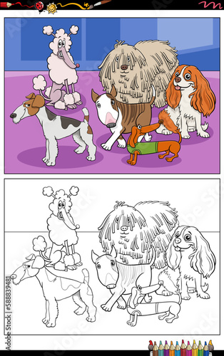 cartoon purebred dogs characters group coloring page