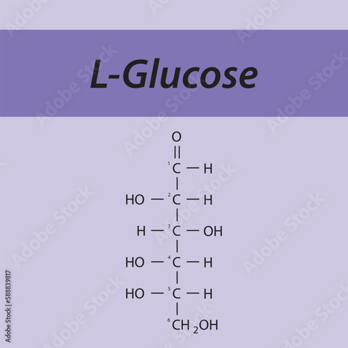 Straight chain form chemical structure of L-Glucose sugar. Scientific vector illustration on purple background, carbon numbering.