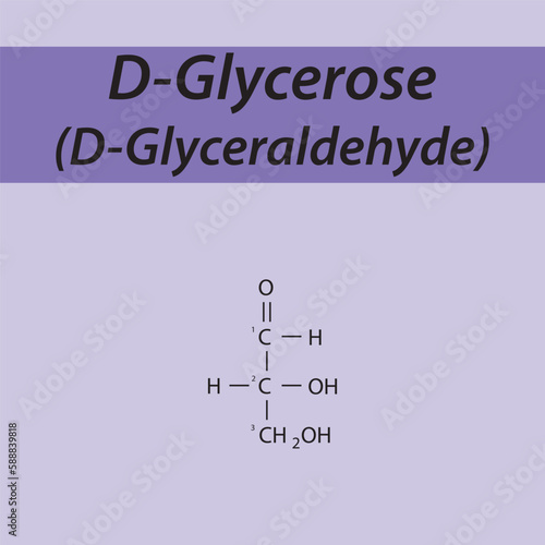 Straight chain form chemical structure of D-Glycerose sugar. Scientific vector illustration on purple background, carbon numbering. photo