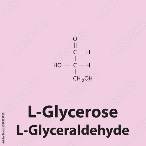 Straight chain form chemical structure of L-Glycerose sugar. Scientific vector illustration on pink background.