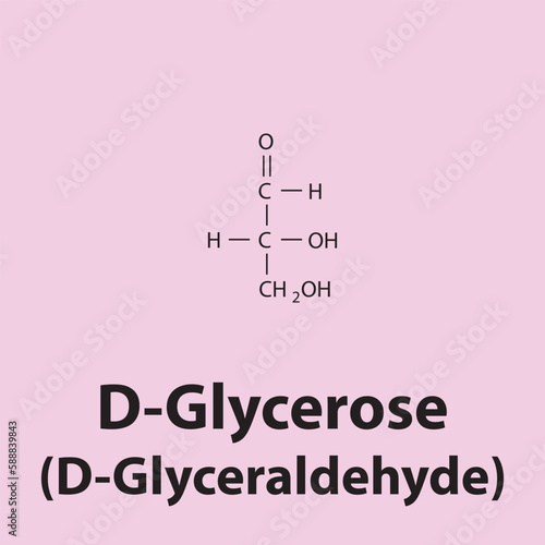 Straight chain form chemical structure of D-Glycerose sugar. Scientific vector illustration on pink background.