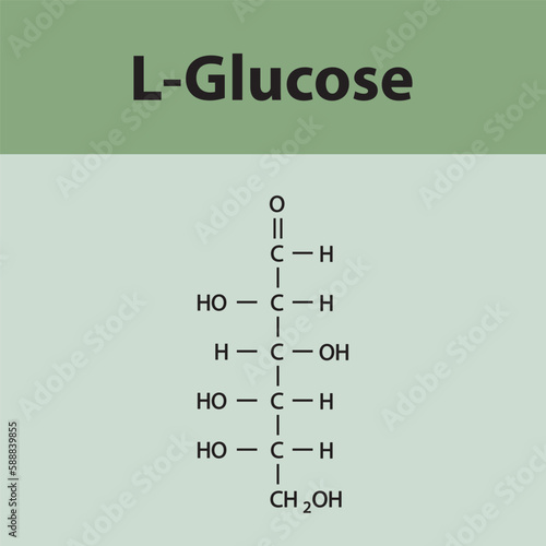 Straight chain form chemical structure of L-Glucose sugar. Scientific vector illustration on green background.