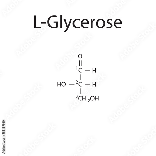 Straight chain form chemical structure of L-Glycerose sugar. Scientific vector illustration on white background, with carbon numbering.