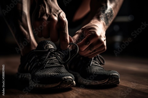 Extreme Close-Up of Hands Tying Athletic Shoes for Workout, Generative AI