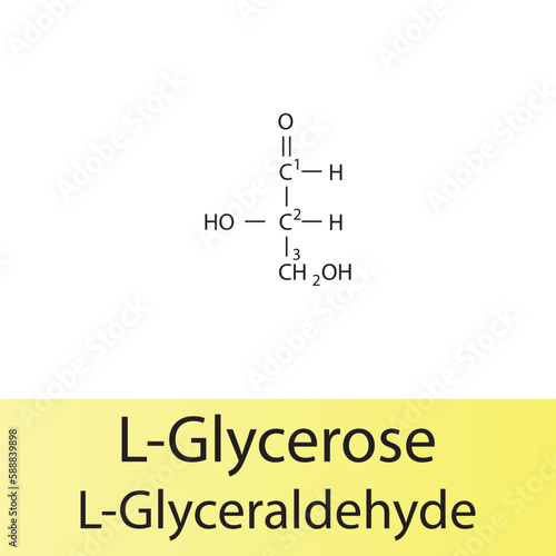 Straight chain form chemical structure of L-Glycerose sugar. Scientific vector illustration on white and yellow background, carbon numbering.