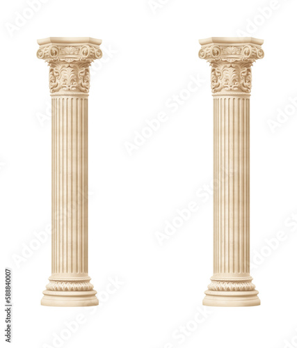 Architectural beige columns Ionic order isolated on transparent png background. Generative ai