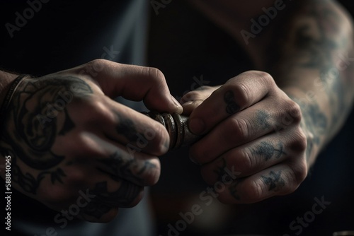 Tattooed Hands Holding Kettlebell Weights: Fitness and Strength Training, Generative AI