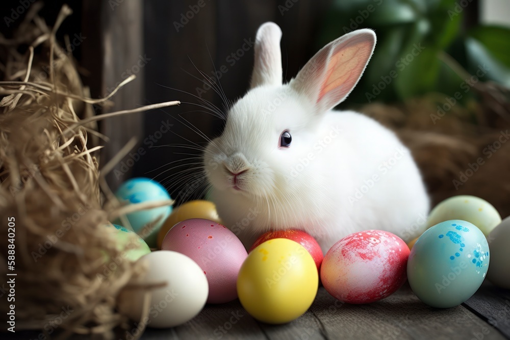 White cute easter bunny and easter eggs White cute easter bunny and easter eggs
