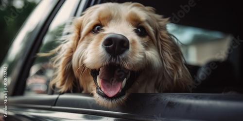 A happy dog is hanging is tongue out of his mouth with his ears blowing in the wind as he sticks his head out a moving and driving car window, generative ai