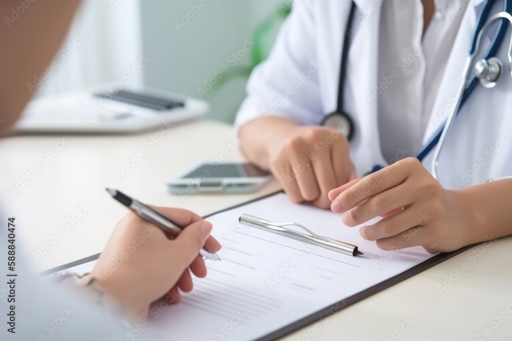 Doctor office desk, work place of physician. generative AI Doctor office desk, work place of physician. generative AI