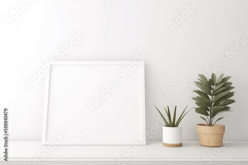 Blank picture frame on a white wall. View of the interior in modern style. generative AI