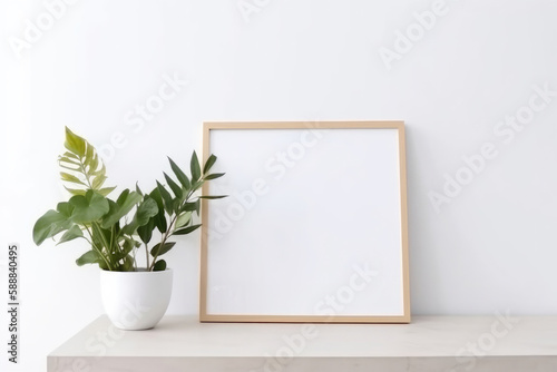 Blank picture frame on a white wall. View of the interior in modern style. generative AI
